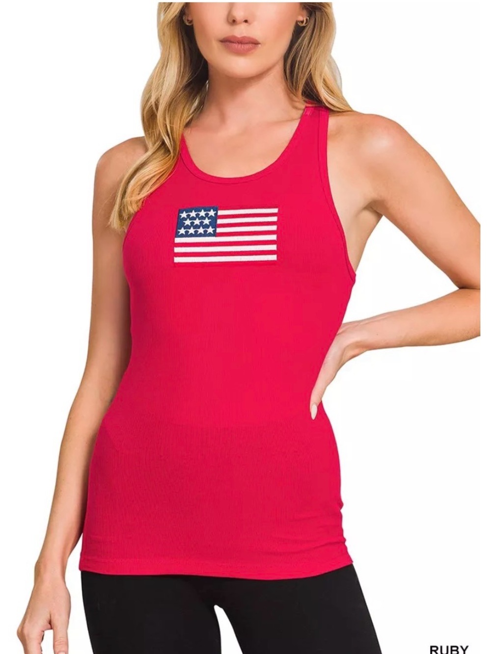 Zenana Ruby Red Ribbed Tank with American Flag 🇺🇸   NWT  LG